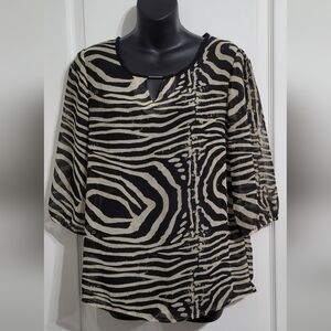 💲1️⃣ Soya Concept Black & Tan Zebra Animal Print 3/4 Sleeve Sheer Blouse Sz Sm
